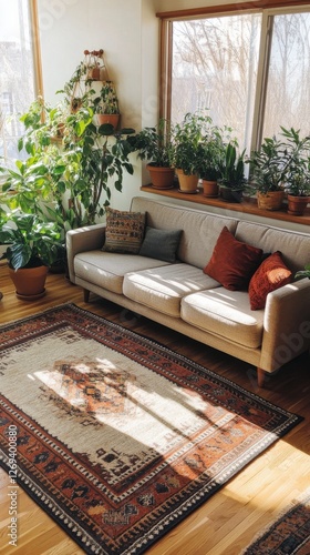 Cozy living room with plants and a stylish rug in a light-filled space