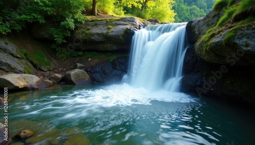 The sound of rushing water fills the air as a waterfall cascades down a rocky slope, natural, peaceful