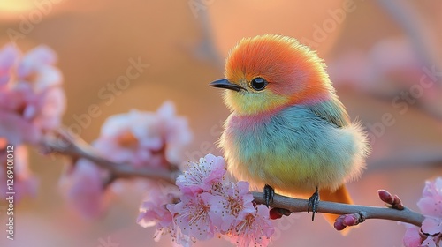 Colorful songbird perched on a branch surrounded by autumn leaves in a serene...