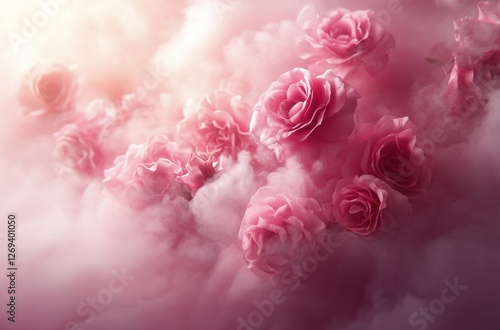 Soft pink flowers amidst fluffy clouds create a dreamy atmosphere in a serene...