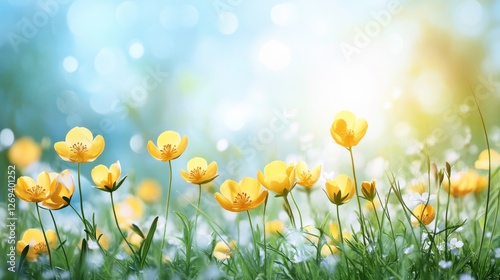 Bright yellow flowers blooming in a sunny meadow during springtime