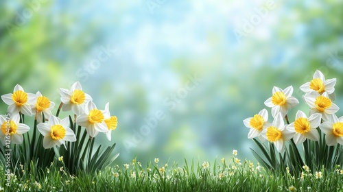 Bright and vibrant daffodils blooming in a lush green field on a sunny spring...