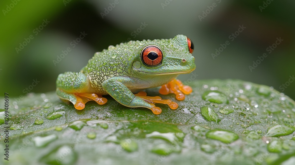 Obraz premium Vibrant green frog sitting on a leaf covered in droplets after a rain in a lush environment