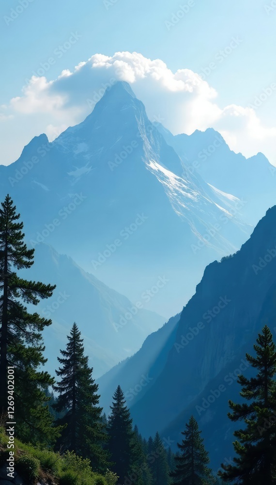 Obraz premium Towering mountain peaks covered in misty cloud, peaks, tree branches