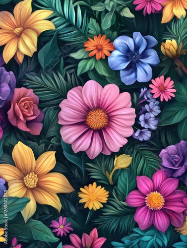 Floral background illustration with colorful flowers and leaves for autism awareness day.