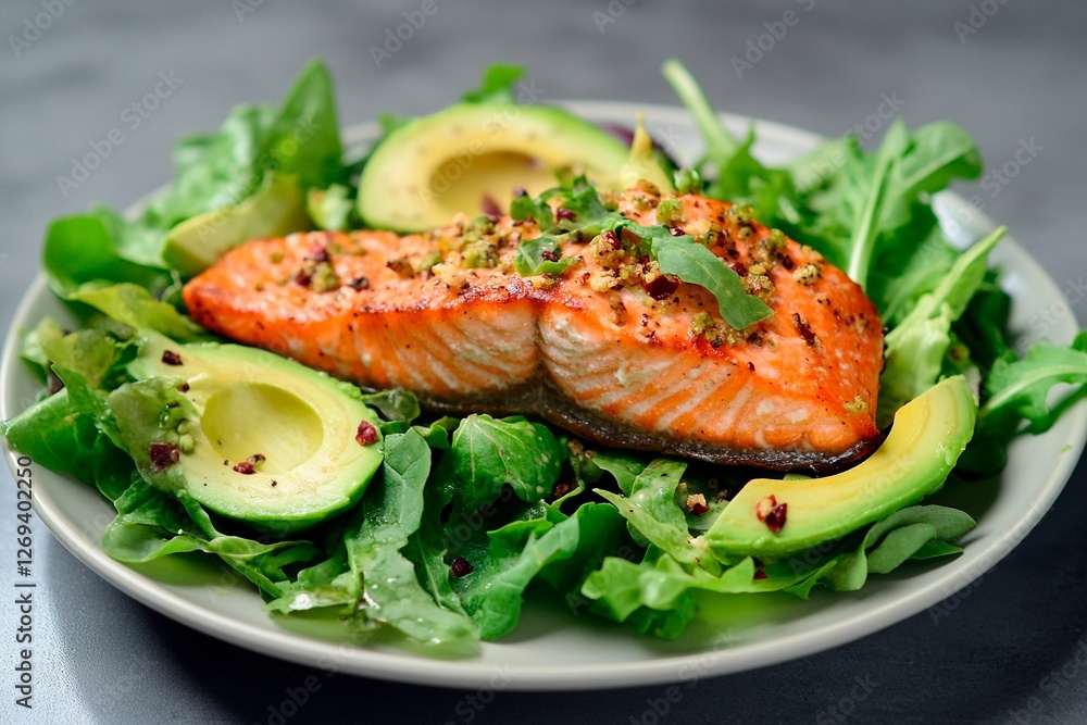 Delicious salmon fillet served on a fresh salad with sliced avocado and herbs Delicious salmon fillet served on a fresh salad with sliced avocado and herbs