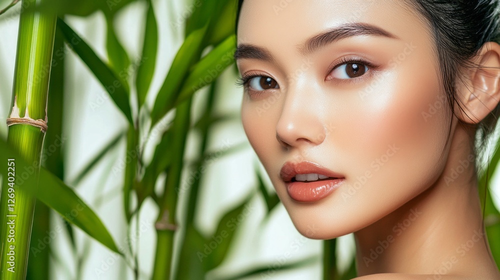 Fototapeta premium In a tranquil bamboo grove, a young asian model radiates beauty with her flawless skin and serene expression, embodying elegance while surrounded by nature's greenery
