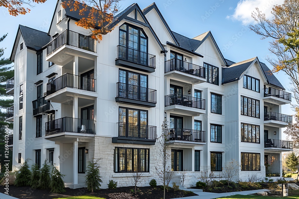 Fototapeta premium Multi Story Building Exterior with Balconies and Black Framed Windows in a Residential Area