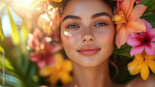 Portrait of a young woman surrounded by blooming flowers in soft natural ligh...