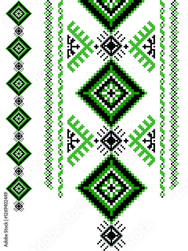 Pixel art Neckline pattern. Decorative pattern of embroidery.Traditional antique green border.