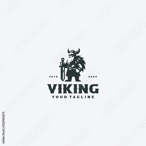 Vikings logo design. Nordic warrior symbol. Horned Norseman emblem. Barbarian man head icon with horn helmet and beard	