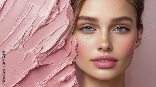 Beauty application technique with blush on skin close up showing makeup artistry