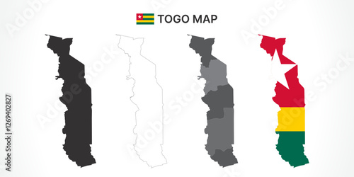 Detailed Togo Map Collection with Outline, Silhouette, Regions, and Flag Overlay Variations