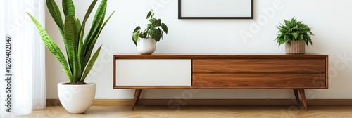 Mid century modern wooden sideboard with plants photo