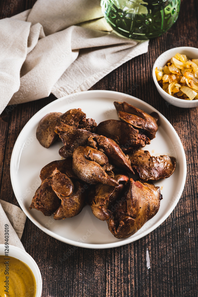 Homemade stewed chicken liver on a plate on the table vertical view Homemade stewed chicken liver on a plate on the table vertical view