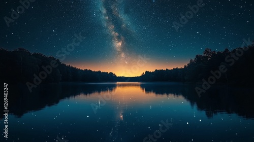 Stars illuminate a calm lake under the Milky Way at twilight near a forested ...