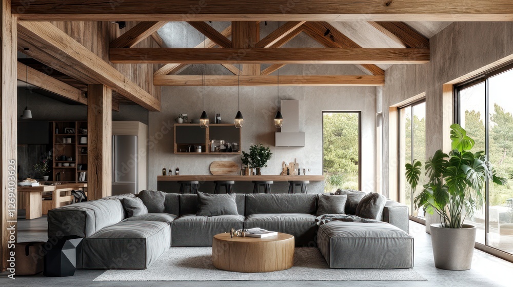 custom made wallpaper toronto digitalModern rustic living room with high ceilings, large windows, and forest view; home decor