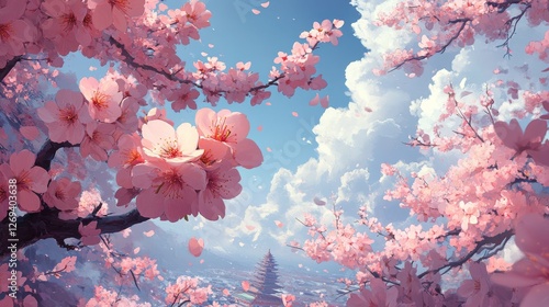 Cherry blossoms bloom against a bright blue sky during springtime in a serene...