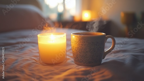Cozy evening with a steaming cup and warm candlelight by the bedside