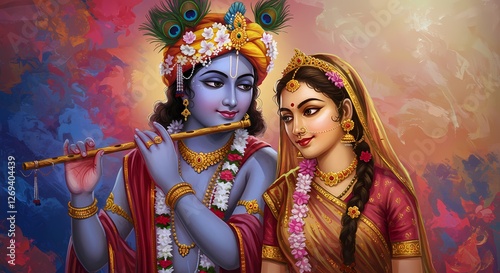 Krishna and Radha: A vibrant depiction of Krishna playing his flute for Radha, adorned in rich jewel tones and surrounded by a colorful, ethereal backdrop. The image evokes love, devotion.