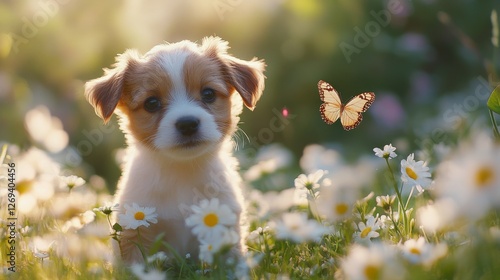 Puppy playing in a field of flowers with a butterfly on a sunny day