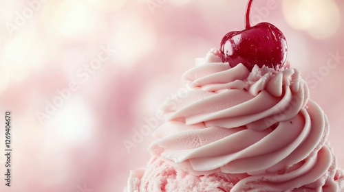 Delicious pink ice cream topped with a cherry against a soft pink background
