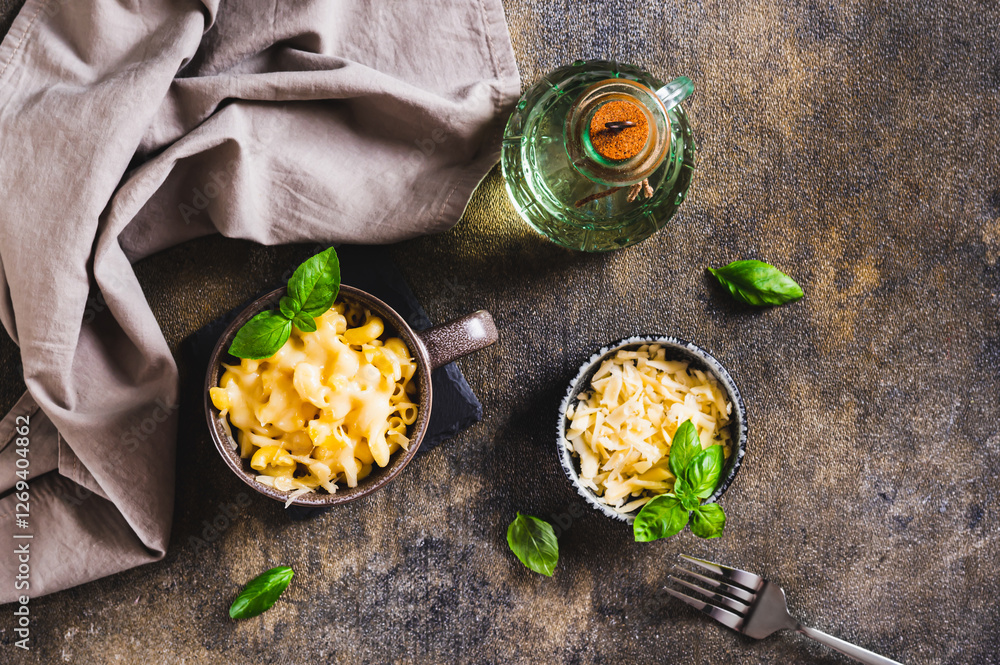 Pasta with grated cheese baked in a mug and basil leaves on the table top view