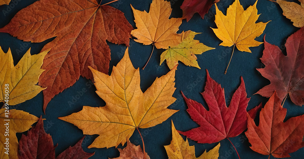 A variety of vibrant autumn leaves in shades of red, orange, and yellow are arranged on a dark background, highlighting the beauty of fall foliage and seasonal transformation A variety of vibrant autumn leaves in shades of red, orange, and yellow are arranged on a dark background, highlighting the beauty of fall foliage and seasonal transformation