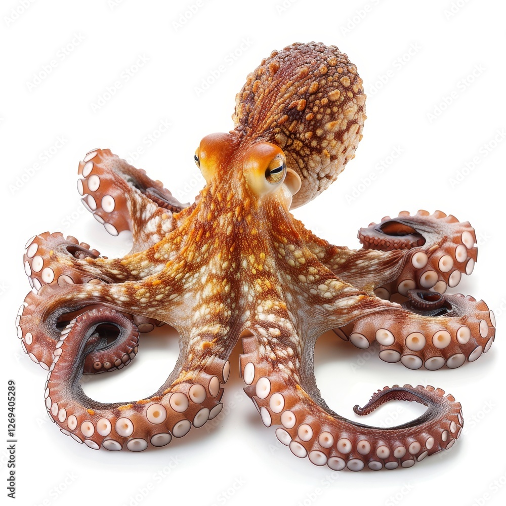 Obraz premium A vibrant octopus with eight arms and distinctive patterns, showcasing its unique textures and colors against a plain background.