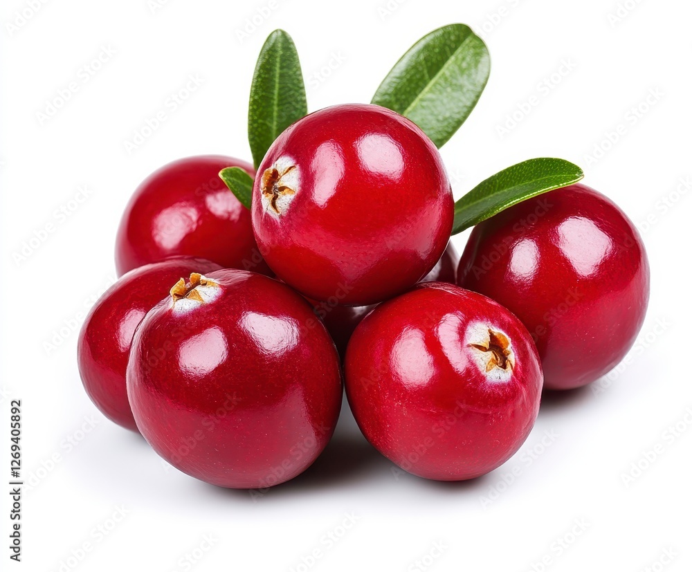 Obraz premium Close up of several vibrant red berries clustered together with glossy surfaces and green leaves on a bright white background