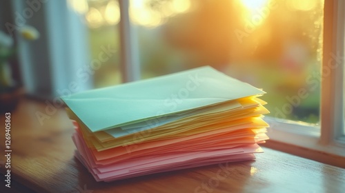 Colorful stationery arranged on wooden surface near bright window with greene...