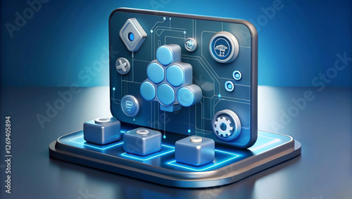 Wallpaper Mural Futuristic control panel features illuminated buttons and digital icons that suggest advanced technology,interactivity.Color scheme is primarily blue and silver,contributing to the modern design.AI Torontodigital.ca