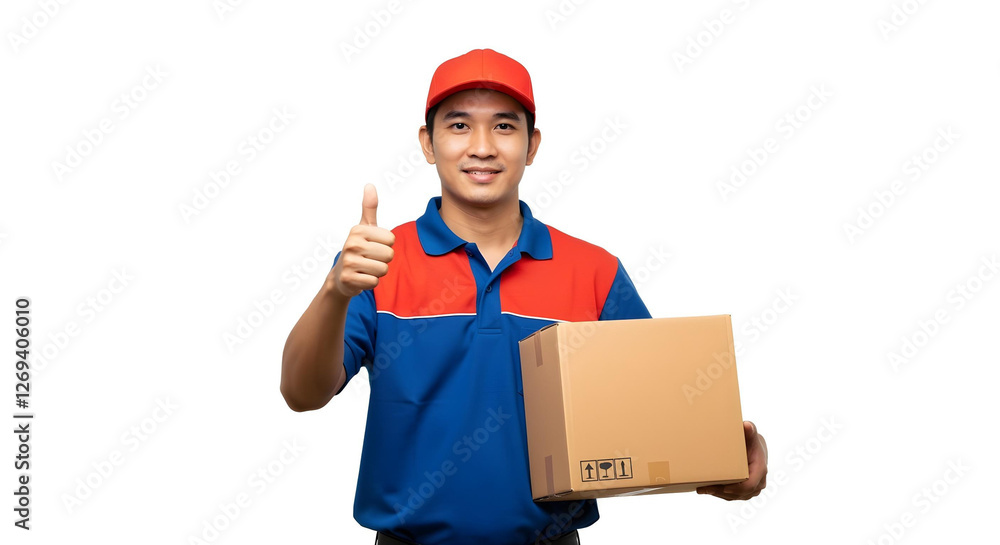 Asian delivery man or courier giving a thumbs-up gesture at the camera while carrying a cardboard box package parcel, isolated on a white background, delivery man with parcel, home delivery concept Asian delivery man or courier giving a thumbs-up gesture at the camera while carrying a cardboard box package parcel, isolated on a white background, delivery man with parcel, home delivery concept