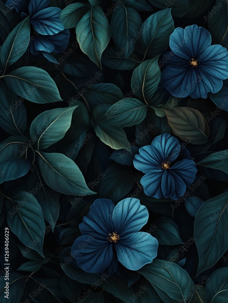 elegant dark blue flowers with lush green leaves in a moody botanical composition dark background elegant dark blue flowers with lush green leaves in a moody botanical composition dark background