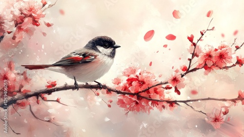Black-capped chickadee perched on cherry blossom branch with falling petals