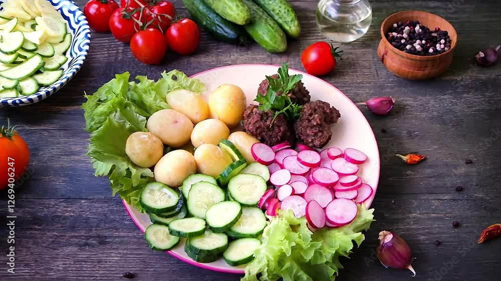 Fresh vegetable preparation scene with colorful peppers, cucumbers, tomatoes, and herbs on rustic wooden surface, showcasing healthy eating and culinary creativity Fresh vegetable preparation scene with colorful peppers, cucumbers, tomatoes, and herbs on rustic wooden surface, showcasing healthy eating and culinary creativity