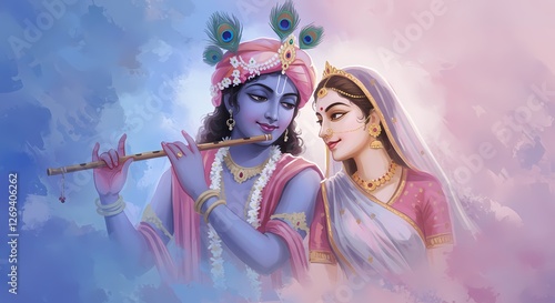 Divine Love: A poignant depiction of Krishna and Radha, the divine couple of Hindu mythology, with Krishna playing the flute, his eyes filled with adoration, and Radha gazing upon him with love.