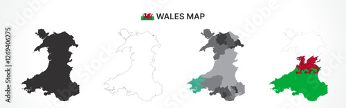 Detailed Wales Map Collection with Outline, Silhouette, Counties, and Flag Overlay Variations