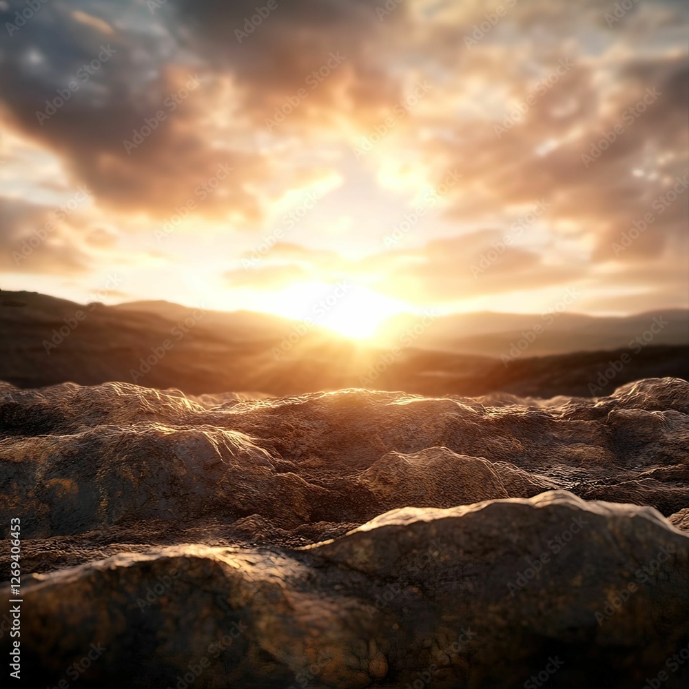 A serene landscape features rugged rocks illuminated by a golden sunset, casting warm light across a tranquil sky and distant hills. A serene landscape features rugged rocks illuminated by a golden sunset, casting warm light across a tranquil sky and distant hills.