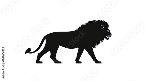 Majestic lion silhouette walking, white background, wildlife, logo design