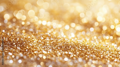 Shimmering gold glitter creates a sparkling effect in soft light during a fes...