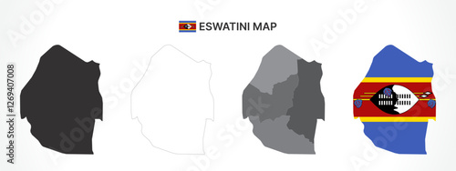 Detailed Eswatini Map Collection with Outline, Silhouette, Regions, and Flag Overlay Variations
