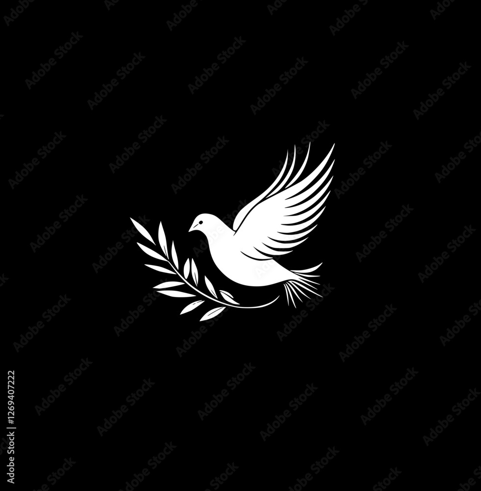 Obraz premium Charity Foundation Logo with Stylized Dove and Olive Branch - Monochrome Vector