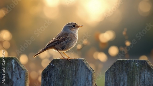 Bird perched on wooden fence with soft sunlight and blurred background