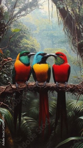 Colorful tropical birds perched on a branch in a lush jungle during daytime i...