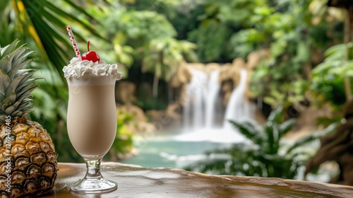 Fototapeta Naklejka Na Ścianę i Meble -  Pina colada cocktail near waterfall in tropical paradise, copy space