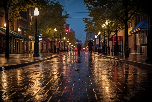 Rainy Night Street Scene: Romantic and mysterious atmosphere on a rain-swept city street at night, with warm lamplight reflecting on the wet cobblestones. People with umbrellas stroll along the path.