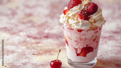 Delicious strawberry dessert served in a glass with whipped cream and cherry ...