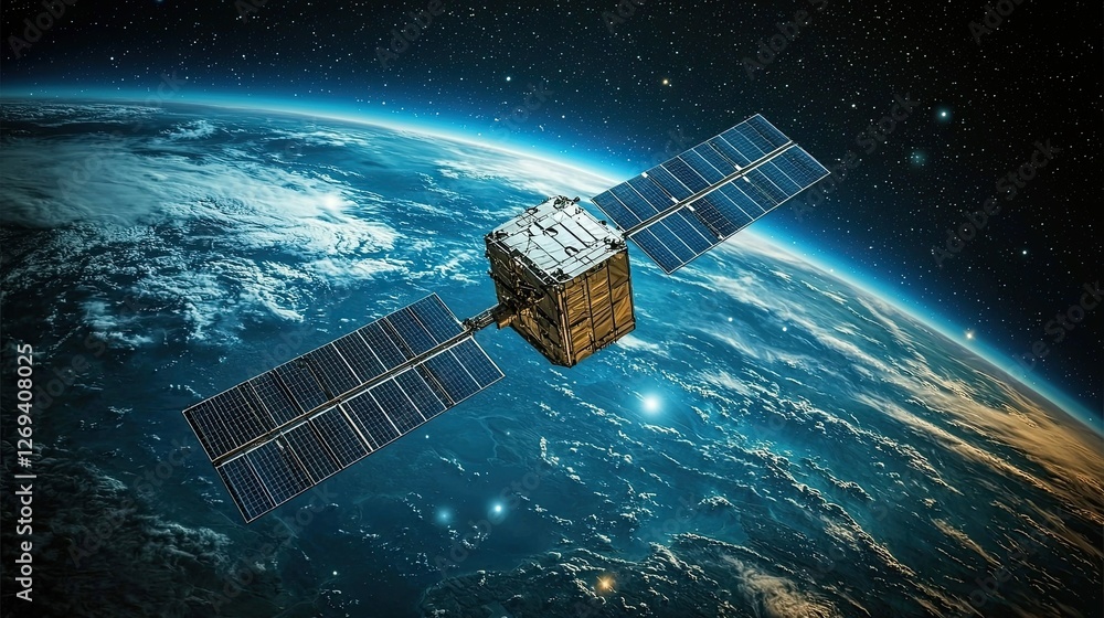 Satellite orbiting Earth capturing data about atmospheric conditions and environmental changes Satellite orbiting Earth capturing data about atmospheric conditions and environmental changes