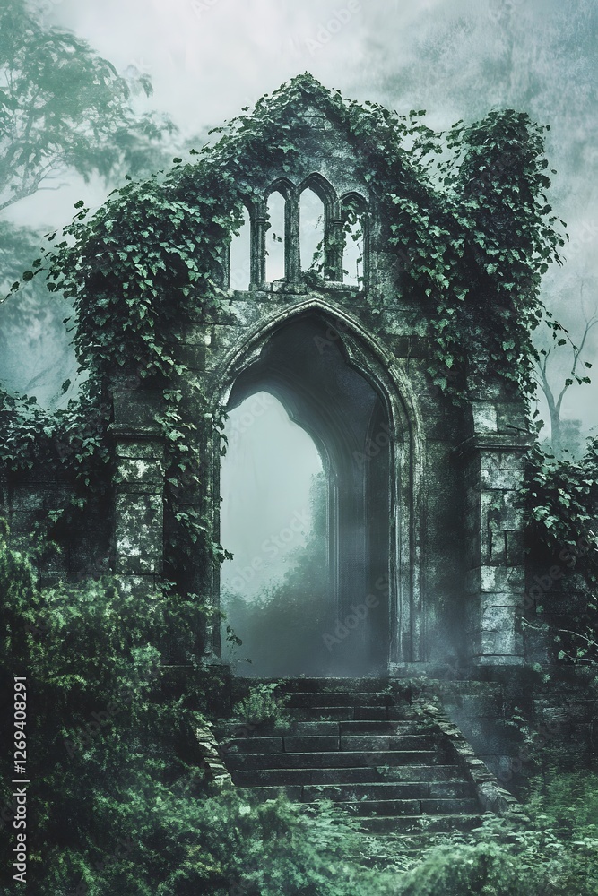 Obraz premium Mysterious Ivy-Covered Ruins in Misty Watercolor Landscape